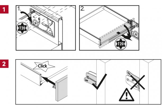 Justering af skuffefront, billede 1, i PLUS-linjen