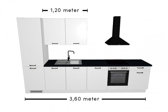 3D billede af køkken med mål