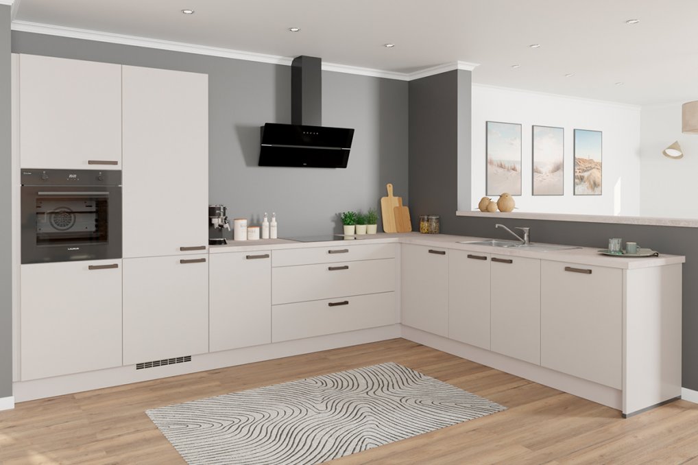 Stilfuldt vinkelkøkken i satingrå