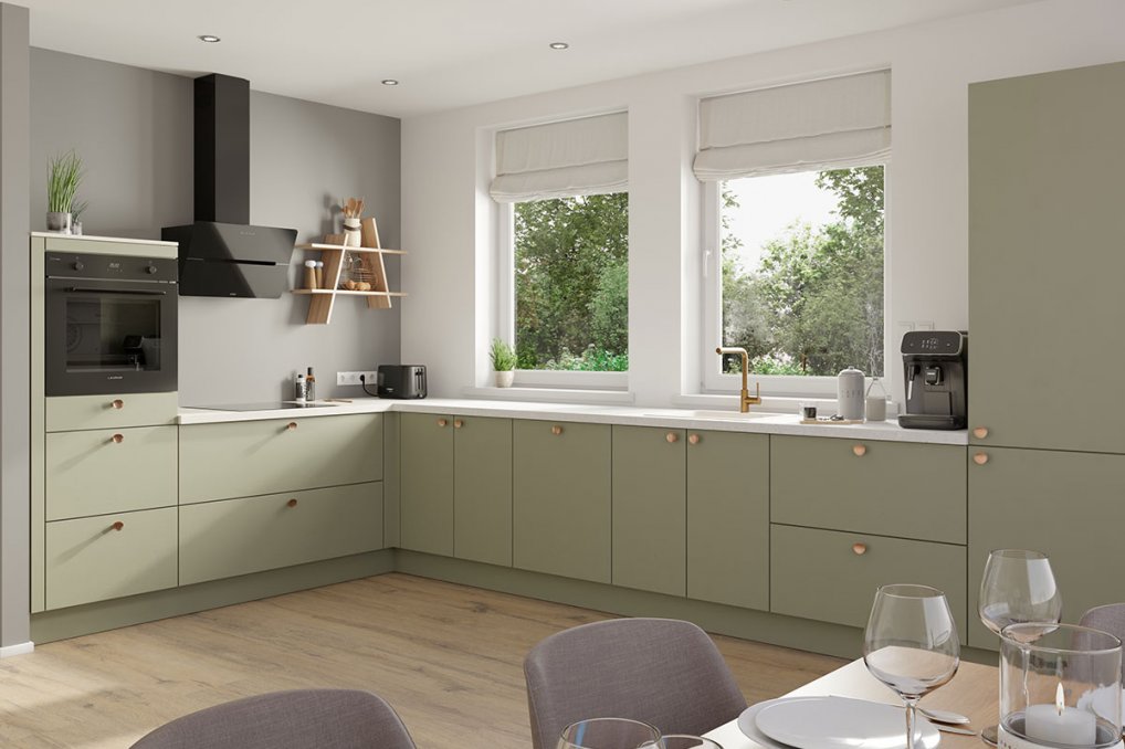 Harmonisk olivengrønt vinkelkøkken
