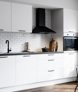 Hvidt Laser køkken med sort bordplade
