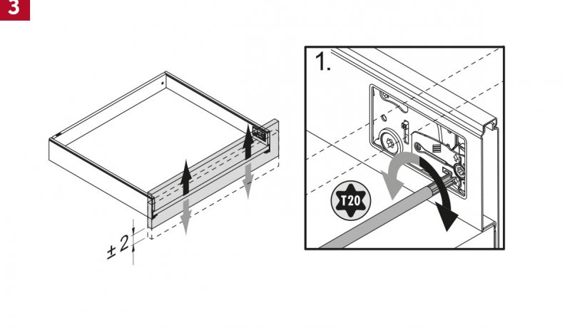Justering af højde på skuffe, PLUS-linjen