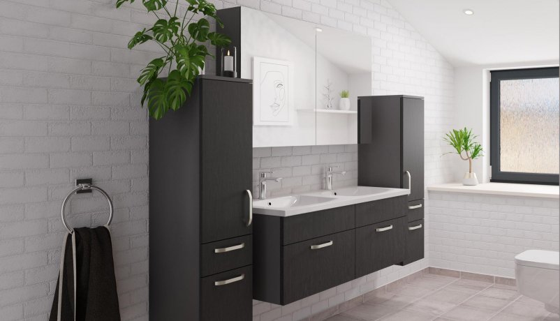 Sorte badeværelsesmøbler med dobbeltvask og spejlskab