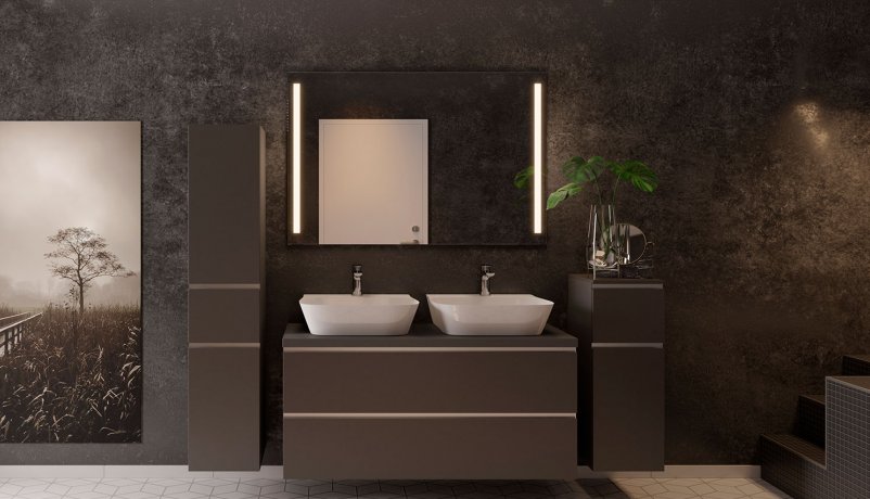 Personligt designet mørkt og elegant badeværelse