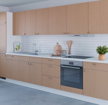 Stilfuldt, klimavenligt køkken i moderne trælook