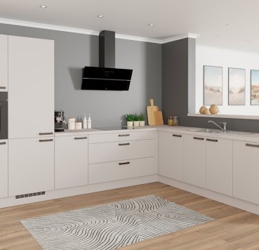 Stilfuldt vinkelkøkken i satingrå